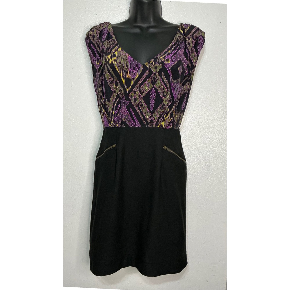 Shoshanna Silk Blend Colorblock Dress Size 2 Black Purple Geometric Print‎ Goth